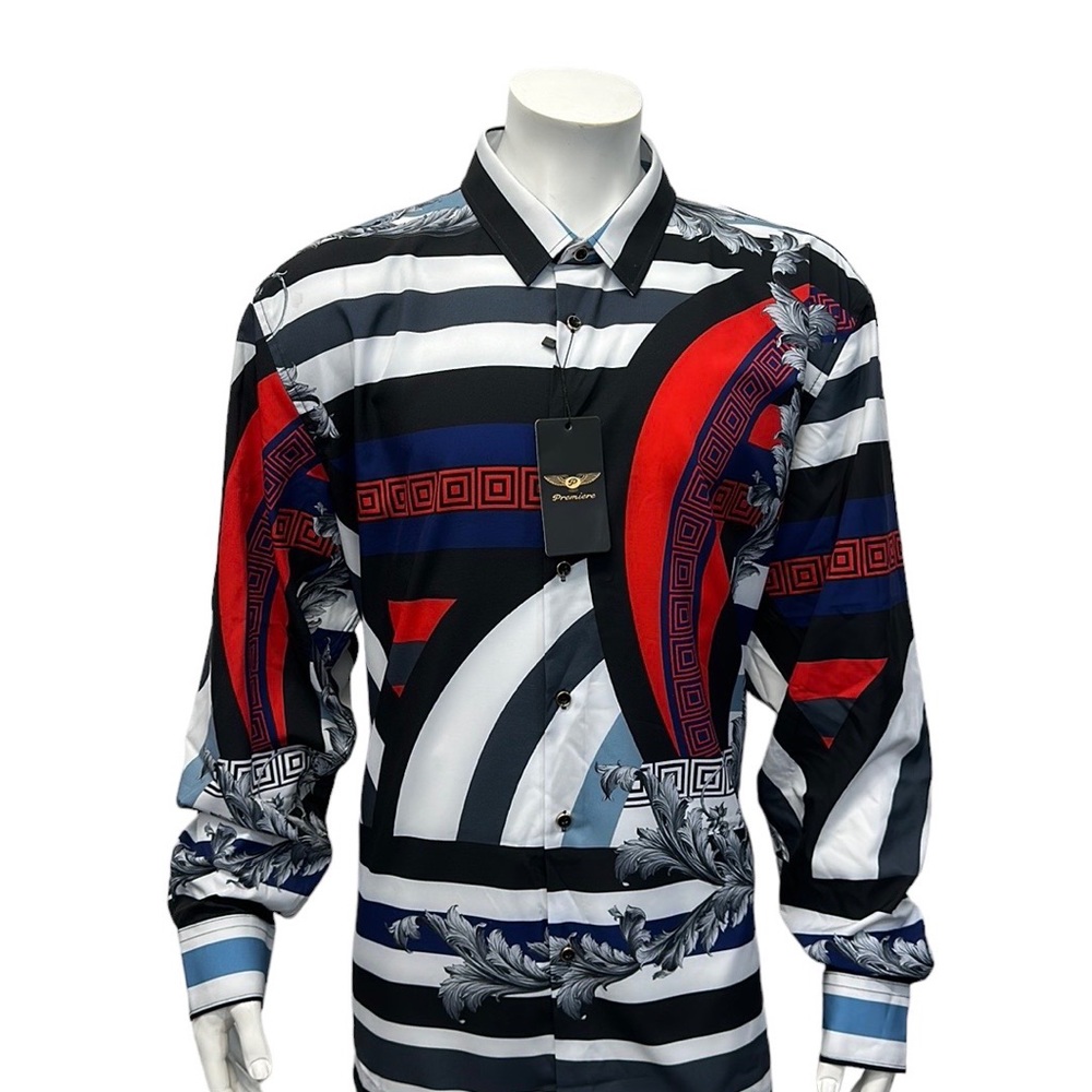 PREMIERE Designer Red Blue White Geometric Design Long Sleeve Dress Shirt 4XL